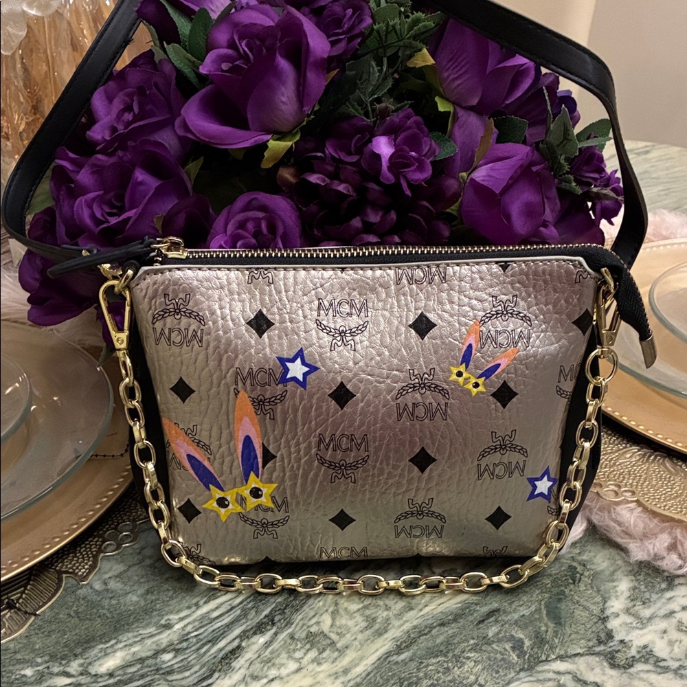 MCM Metallic Crossbody Bag with Chain and Black Strap